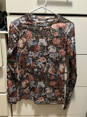 Women's Long Sleeve Floral Mesh Top in Multi-Color